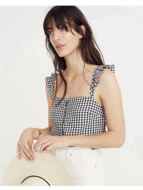 Madewell Linen Blend Gingham Racerback Tank in Black and White, Size 6